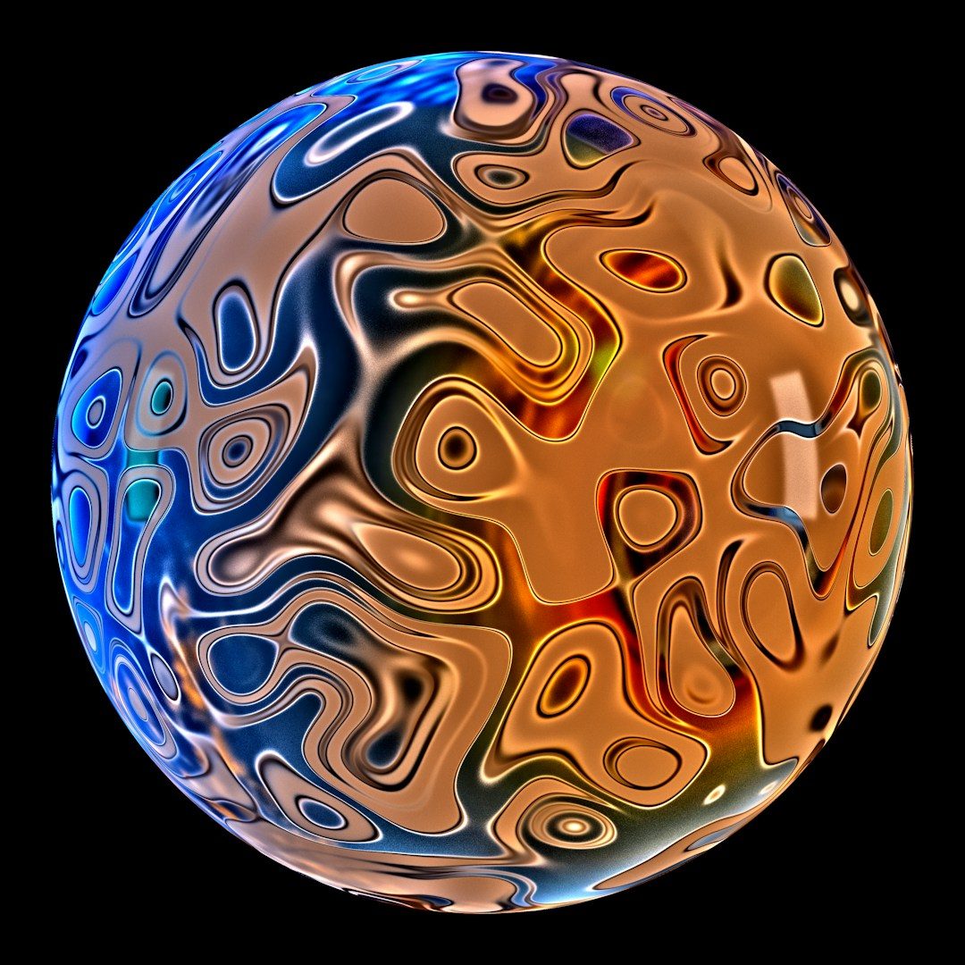 Darstellung einer künstlichen Intelligenz (KI) in Form einer Kugel mit gehirnähnlichen Oberflächenstrukturen im Farbkonzept der Webseite.